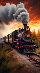 Obraz premium A vintage steam powered railway train in smoke. Steam locomotive with wagon drives in steam and smoke.