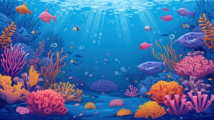 Fototapeta na wymiar Vector ocean world. Deep seascape with seaweeds, fish and corals. Aquatic ecosystem. Blue background. Illustration of undersea bottom