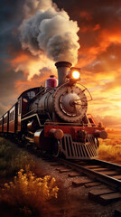 Naklejka premium A vintage steam powered railway train in smoke. Steam locomotive with wagon drives in steam and smoke.