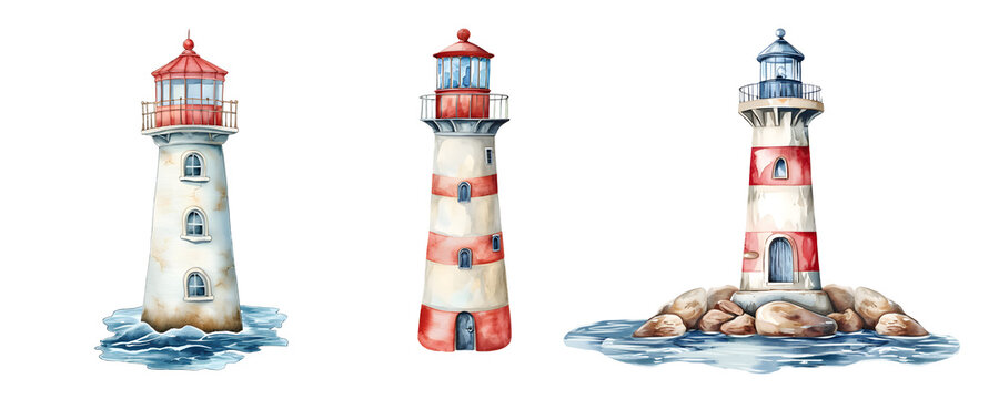 Set with three drawn lighthouses on the white background.