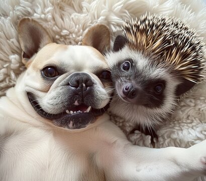 a hedgehog and her friend a french bulldog taking a selfie with a goofy smile 