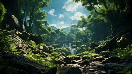 A top view of a lush green forest with sunlight streaming through the gaps in the canopy, and fluffy white clouds floating in the blue sky above, creating a tranquil and idyllic scene - obrazy, fototapety, plakaty