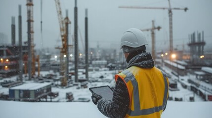 Engineer in white helmet and yellow vest standing on the roof on construction site with cranes, using his tablet, in the style of snow scenes. Generative AI.