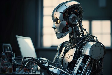 Fototapeta premium Futuristic AI Innovation: Intelligent Robot Creating and Testing Innovations Tomorrow's Tech. AI-Generated SI-FI art.