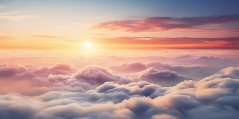 Obraz premium Aerial view of Beautiful sunrise sky above clouds or fog with dramatic light at dawn.