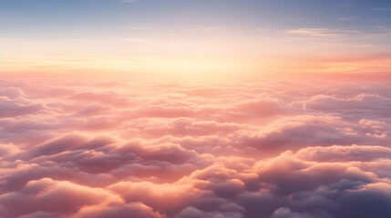Naklejka na ściany i meble Aerial view of Beautiful sunrise sky above clouds or fog with dramatic light at dawn.