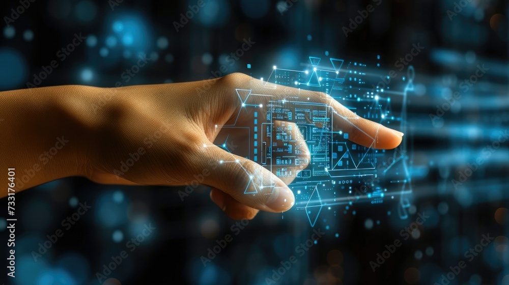Poster Digital security a hand pointing at a digital icon on a background, in the style of light bronze and azure, human-canvas integration. Generative AI.