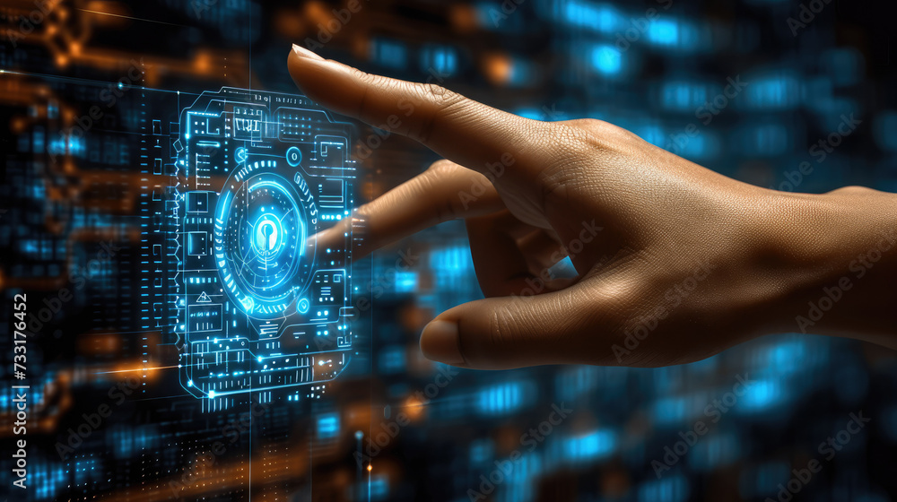 Aufkleber Digital security a hand pointing at a digital icon on a background, in the style of light bronze and azure, human-canvas integration. Generative AI.