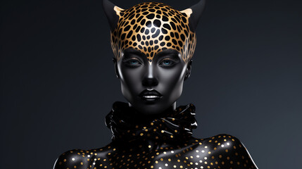 Fashion portrait of a cat girl in a leopard print suit with blue eyes in front closeup on a black background.
