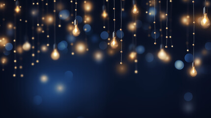 Fototapeta na wymiar Hanging light bulbs illumination and bokeh lights over dark blue background.