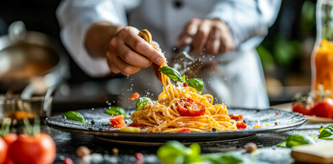 Chef Finishing Touch on Elegant Spaghetti Dish with Fresh Veggies
 - obrazy, fototapety, plakaty
