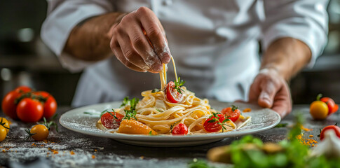 Chef Perfecting a Plate of Italian Pasta with Fresh Vegetables
