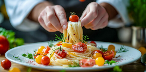 Obraz na płótnie Canvas Chef Plating Fresh Italian Pasta with Cherry Tomatoes and Basil 