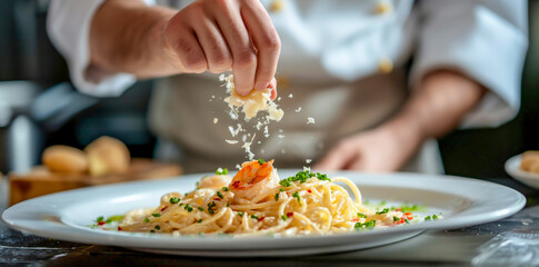 Obraz na płótnie Canvas Chef Perfecting Plate of Garlic Butter Prawn Pasta with Parmesan Sprinkles 