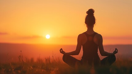 Woman Practicing Yoga Meditation at Sunrise in Nature