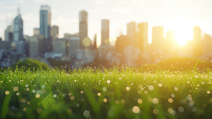 Green grass near city skyline.