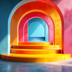 A captivating architectural design featuring a series of colorful arches in a gradient of warm tones, inviting viewers into a passage of chromatic radiance.