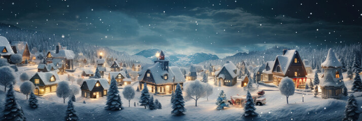 Aerial view of Fairy tale Christmas village with Snow in vintage style at night. Magic Winter...
