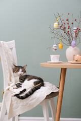 Animal at home. Pet cat is lying on chair in cosy living room. Ceramic vase with spring branches...