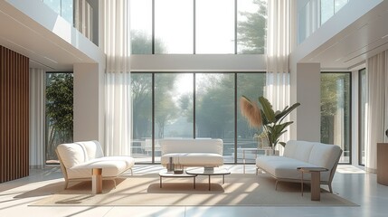 Modern living room, floor to ceiling Windows, white, bright, simple. Generative AI.