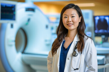 Portrait of asian female doctor looking at camera in medical office with CT scanner in background