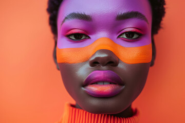 African Beauty in Vivid Makeup.
Close-up of an African woman with bold makeup and colors.