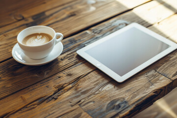 Fototapeta na wymiar Digital tablet and cup of coffee on old wooden desk. Copy space.