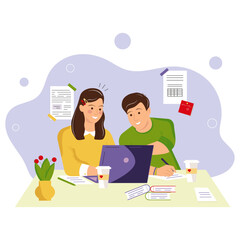 Vector illustration of two students sitting at a laptop for online learning