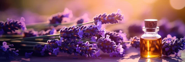 Rolgordijnen An essential aromatic oil and lavender flowers, Relax, Sleep Concept. © Wararat
