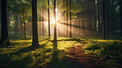 Fototapeta premium Beautiful forest with bright sun shining through the trees. Scenic forest of trees framed by leaves, with the sunrise casting its warm rays through the foliage.