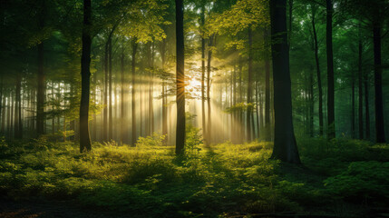 Fototapeta na wymiar Beautiful forest with bright sun shining through the trees. Scenic forest of trees framed by leaves, with the sunrise casting its warm rays through the foliage.