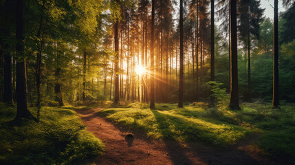 Fototapeta premium Beautiful forest with bright sun shining through the trees. Scenic forest of trees framed by leaves, with the sunrise casting its warm rays through the foliage.