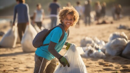 Young Boy Volunteer Cleaning Up the Beach with Smile