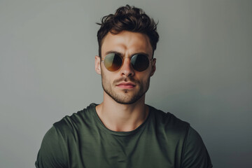 Portrait of a young man wearing glasses on grey background. Isolated on grey studio background millennial guy looking at camera, posing for photo head shot.