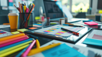 Close-up of a creative brainstorming toolkit, showcasing tablets, sketchpads, and colorful markers on a bright, organized workspace, symbolizing teamwork and idea generation.