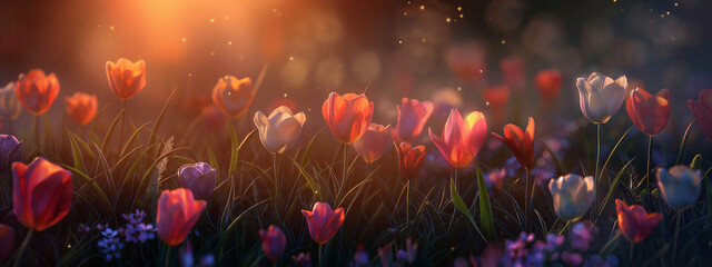 Close up of tulips in field, with sunray and flare and bokeh, flower background