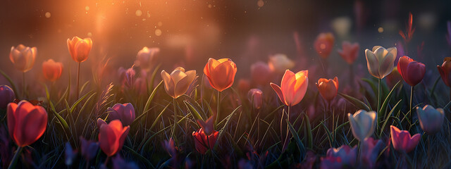 Close up of tulips in field, with sunray and flare and bokeh, flower background