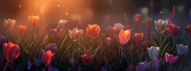Foto auf Acrylglas Close up of tulips in field, with sunray and flare and bokeh, flower background © Jusmin