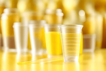 disposable glass on the table with juice yellow background yellow blur