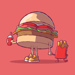 Burger character standing with french fries character vector illustration. Food, brand design concept.