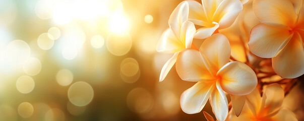 Plumeria or frangipani in spring with sun ray and flare and bokeh, flower background - obrazy, fototapety, plakaty