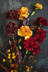 lifelike shot of a bouquet of carnations in bright burgundy and yellow