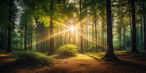 Beautiful forest with bright sun shining through the trees. Scenic forest of trees framed by leaves, with the sunrise casting its warm rays through the foliage.