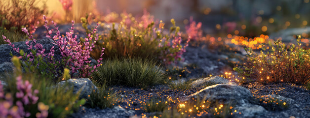 Close up of Little tree in forest with bokeh and flares, Background