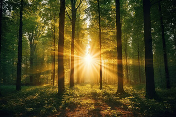 Naklejka premium Beautiful forest with bright sun shining through the trees. Scenic forest of trees framed by leaves, with the sunrise casting its warm rays through the foliage.