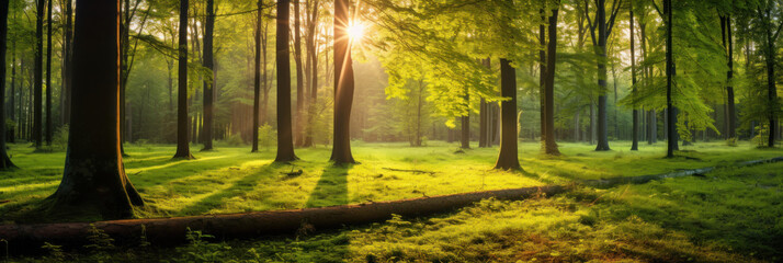 Beautiful forest with bright sun shining through the trees. Scenic forest of trees framed by leaves, with the sunrise casting its warm rays through the foliage. - obrazy, fototapety, plakaty