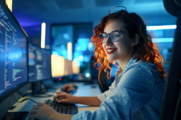 Portrait of young female programmer working on computer at night in office
