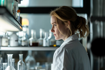 Fototapeta na wymiar Side view of female scientist in lab coat looking at test tubes in chemical laboratory 