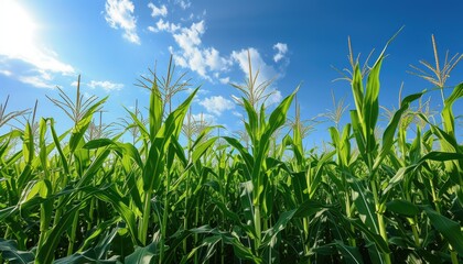 organic corn or maize field with blue sky background at agriculture farm. 