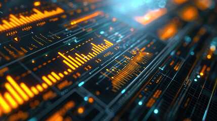 Highlighting the interconnectedness of global finance, this dashboard presents financial analysis and market insights through glowing charts and graphs.